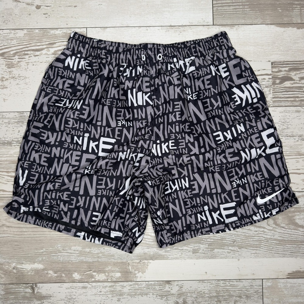 Nike Swim Shorts Mens Large Black Allover Logo Print Lined Drawstring‎ Trunks